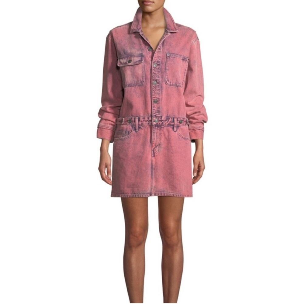 Current/Elliott The Jumpsuit Long Sleeve Denim Dress in Acid Pink Size 2